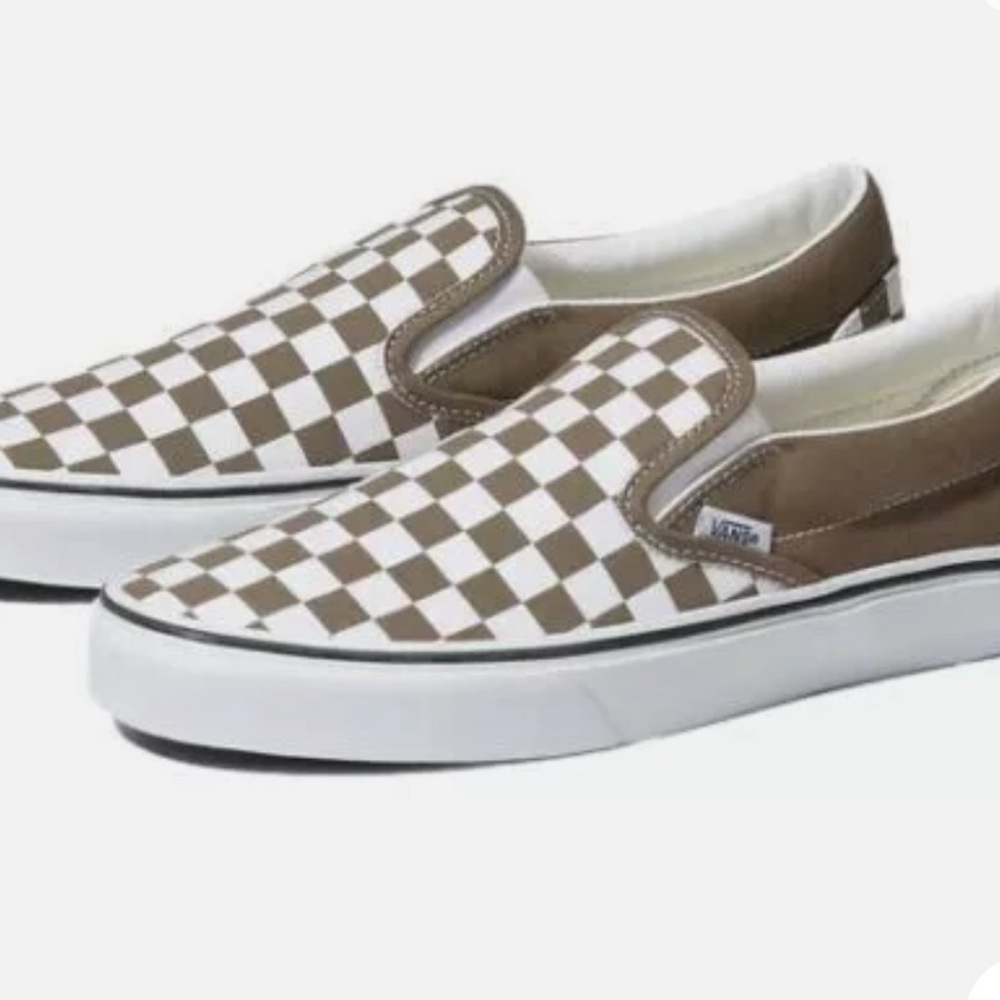 Vans Classic Slip-On Checkerboard Sneakers in Brown and White